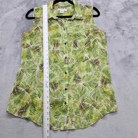 Liz Claiborne Top Womens M Green Tropical Palm Leaves Chiffon Sleeveless Button - Picture 7 of 8